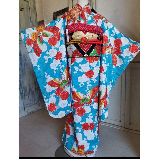 専用です☆アンティーク綺麗なブルーに梅の花の着物とだらり帯のフル