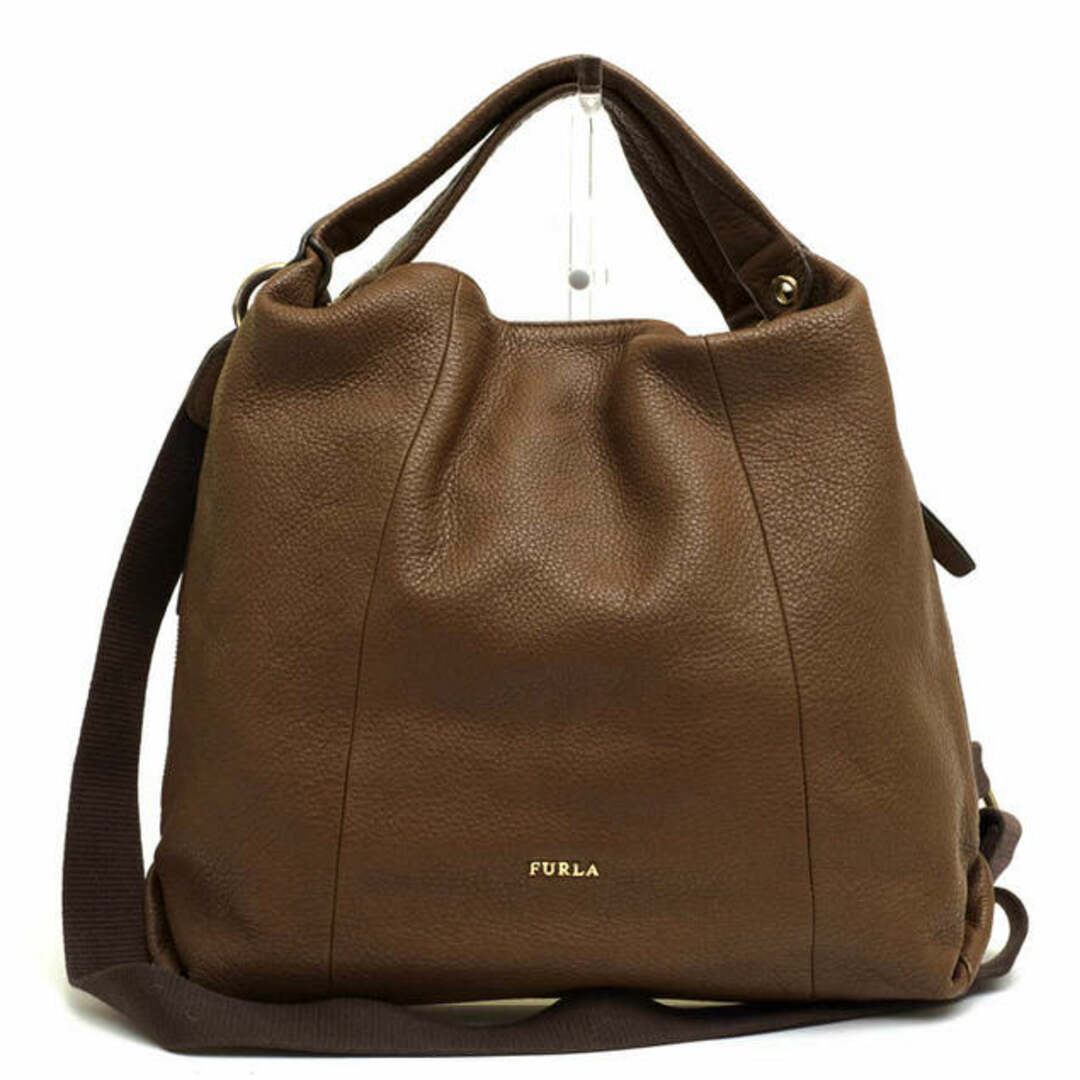 【品】FURLA クラブ 2way ハンドバッグ レザー シボ革 茶色