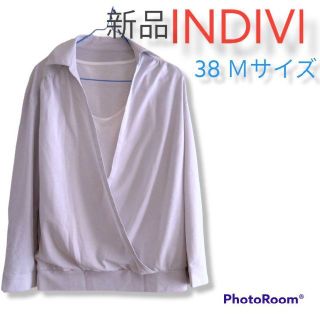 インディヴィ(INDIVI)のINDIVI　インディヴィ　新品カシュクール風ライトグレー2wayトップス(カットソー(長袖/七分))