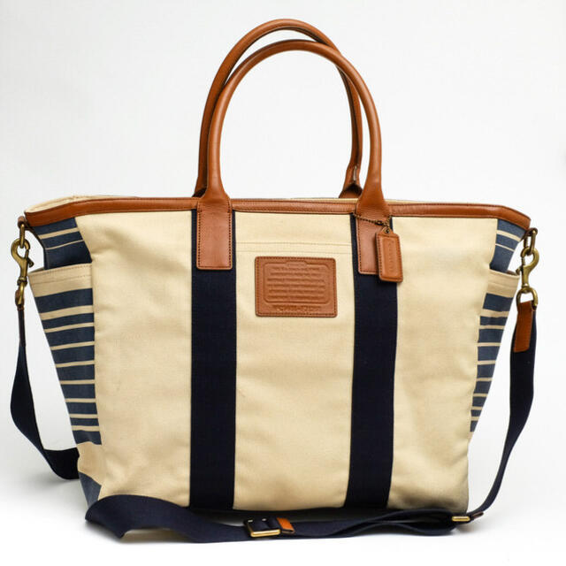 コーチ/COACH バッグ トートバッグ 鞄 ハンドバッグ メンズ 男性 男性用コットン 綿 キャンバス レザー 革 オフホワイト 白 ホワイト F71268 ヘリテージ ビーチ キャンバス ビンテージ ストライプ ゲッタウェイ トート ストライプ 2WAY ショルダーバッグ | フリマアプリ