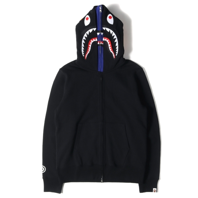 A BATHING APE ア ベイシング エイプ パーカー ダブルフード シャーク ジップ スウェットパーカー SHARK FULL ZIP DOUBLE HOODIE 20SS ブラック ブルー 黒青 M トップス 長袖【メンズ】【美品】