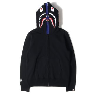 アベイシングエイプ(A BATHING APE)のA BATHING APE ア ベイシング エイプ パーカー ダブルフード シャーク ジップ スウェットパーカー SHARK FULL ZIP DOUBLE HOODIE 20SS ブラック ブルー 黒青 M トップス 長袖【メンズ】【中古】【美品】(パーカー)