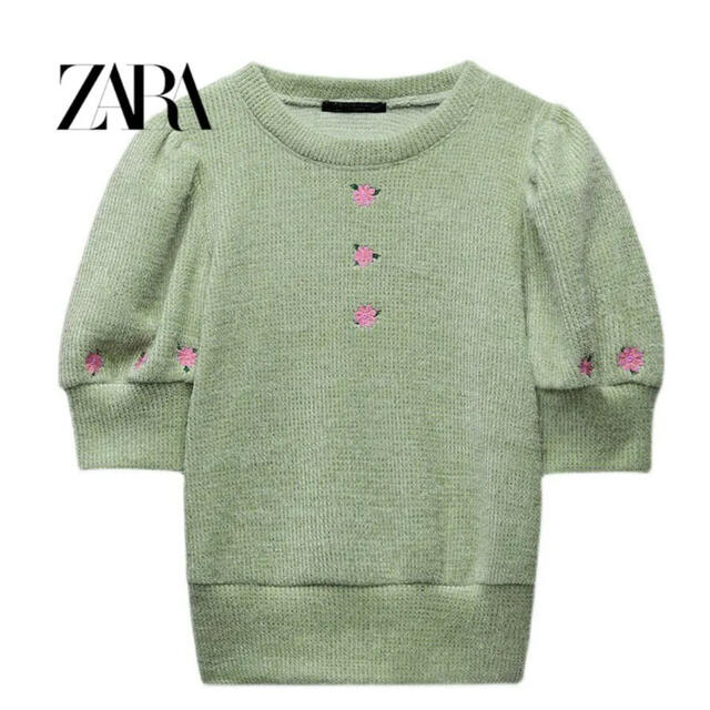 ZARA(ザラ)のZARA 花柄 刺繍 ニット 半袖 レディースのトップス(ニット/セーター)の商品写真