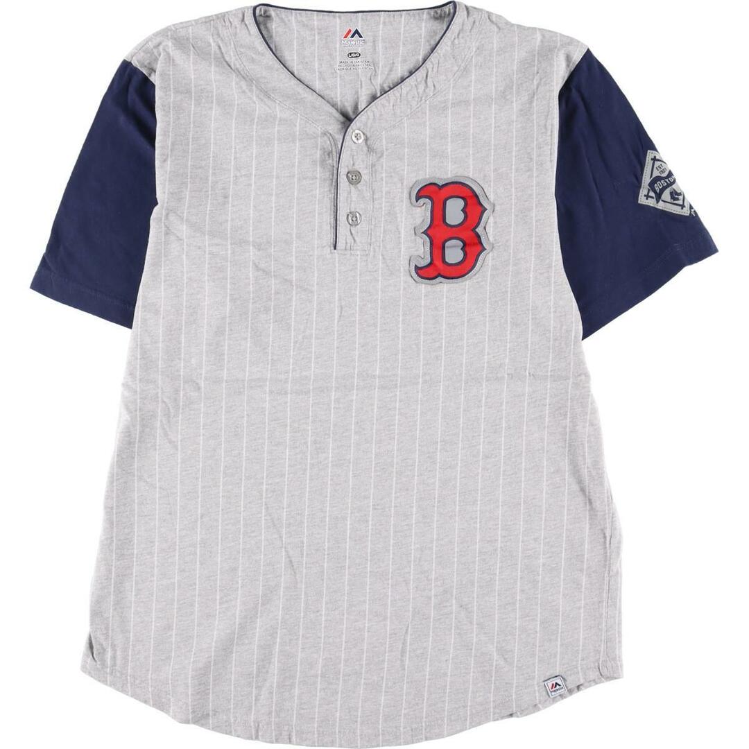 マジェスティック Majestic MLB BOSTON RED SOX ボストンレッドソックス ヘンリーネック ストライプ柄 ゲームシャツ ベースボールシャツ メンズM /eaa261101