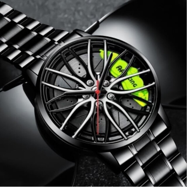 新品 ホイール 腕時計 カスタム 3Dリムハブ ステンレス黒×緑