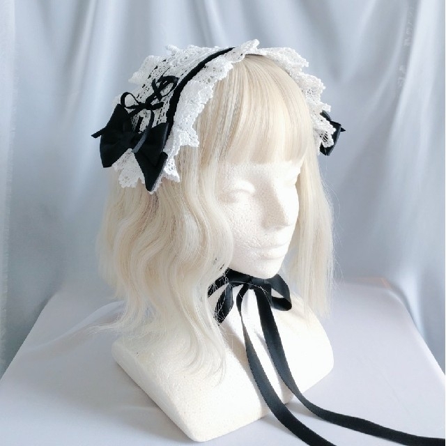 別珍編み上げヘッドドレス　サイドリボン付き　黒×オフ白