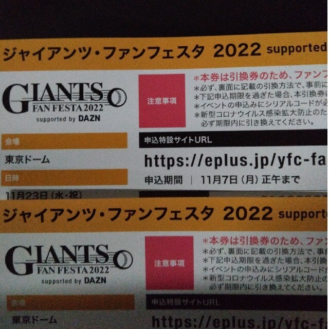 ジャイアンツファンフェスタ2022事前引換券×２枚です。即購入オッケーです。