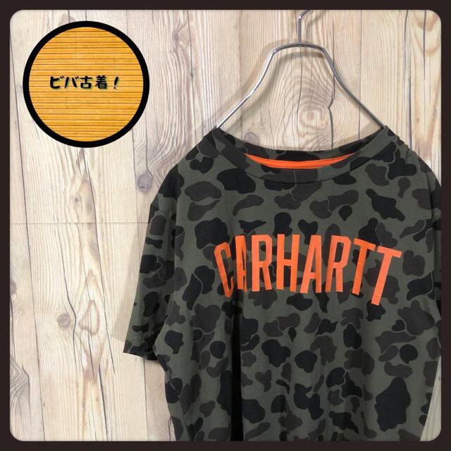 『迷彩』90s  カーハート グリーン Tシャツ 文字ロゴ Carhartt