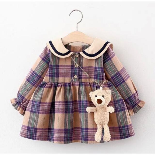 新品未使用☆ セーラー襟　チェックワンピース　くまさん付き　子供服 キッズ/ベビー/マタニティのキッズ服女の子用(90cm~)(ワンピース)の商品写真