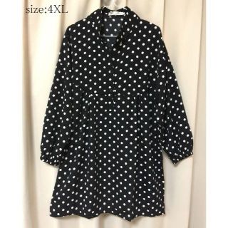 年末SALE【4XL】大きいサイズ　シャツワンピース 白黒 ドット柄 (ひざ丈ワンピース)