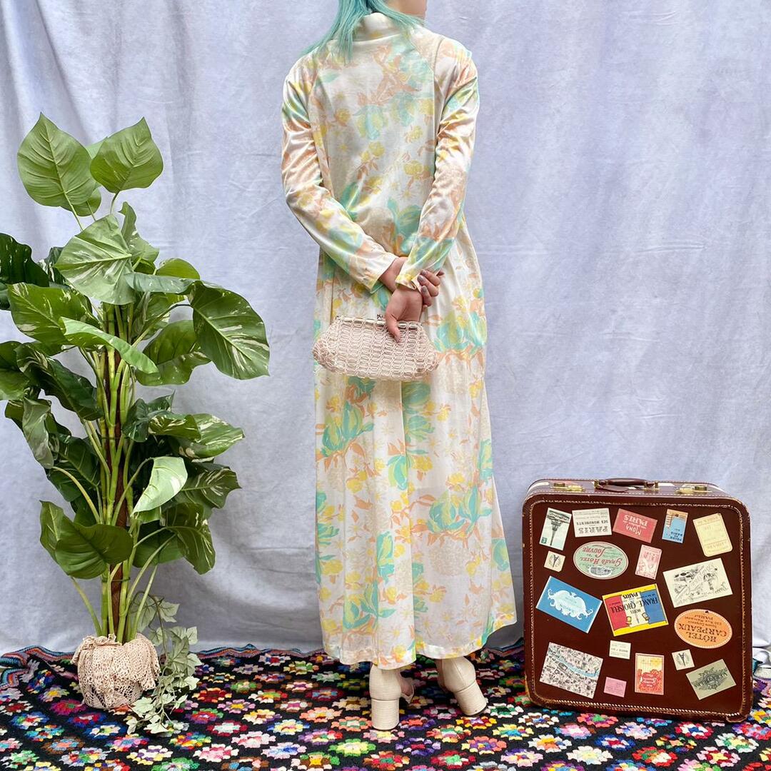 古着 70年代 unknown 花柄 総柄 シースルー 長袖 シャツワンピース USA