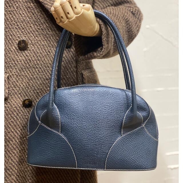 良品 LOEWE 型押しレザー ハンドバッグ ネイビー系 紺色 ショルダーバッグ