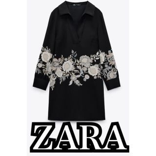 ザラ(ZARA)のZARAフラワー柄シャツワンピースブラックL新品未使用 プリントショートドレス(ミニワンピース)