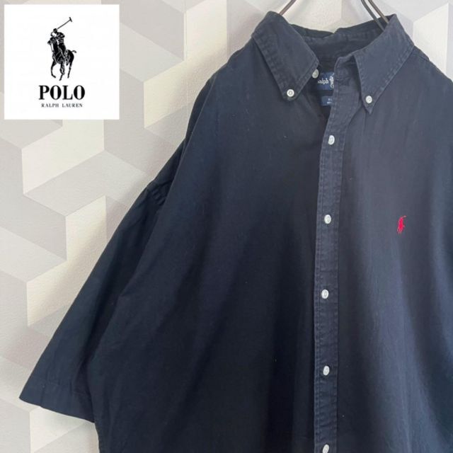 【90s ラルフローレン】2XL 地厚目 刺繍ロゴ 半袖 ビッグBDシャツ 黒