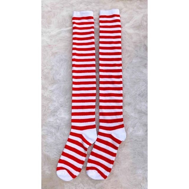 【3足セット】ボーダーソックス ❤️ニーハイ×赤×白 レディースのレッグウェア(ソックス)の商品写真