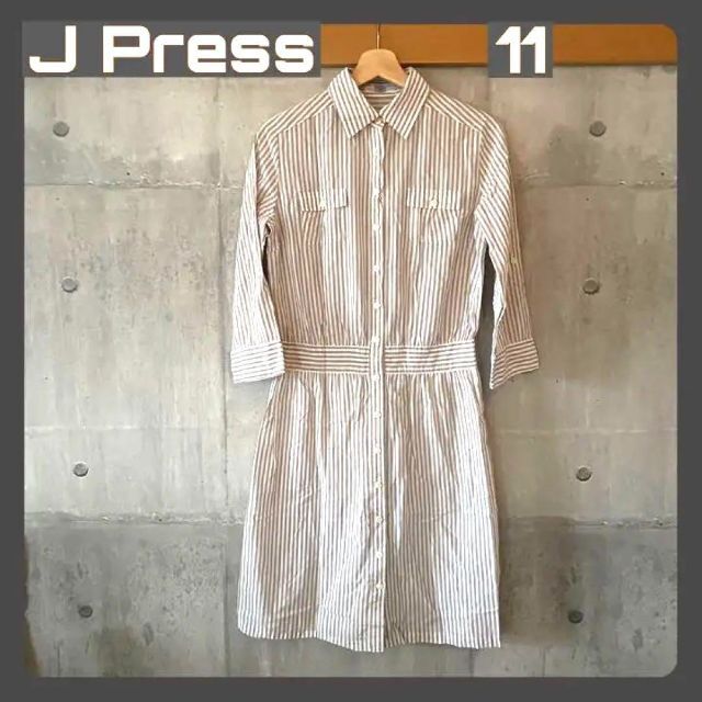 J.PRESS(ジェイプレス)の◆J Press  ストライプ  シャツワンピース  白/茶 レディースのワンピース(ひざ丈ワンピース)の商品写真