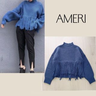 アメリヴィンテージ(Ameri VINTAGE)のアメリ AMERI ニット 長袖 フリンジ F バルーンスリーブ 青 ボリューム(ニット/セーター)