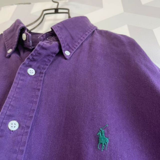 【ラルフローレン】XLサイズ 肉厚 長袖BDシャツ 紫パープル 緑刺繍Ralph