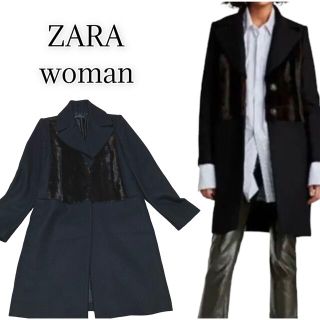 ザラ(ZARA)のZARA 美品 フェイクファー チェスターコート　ロング　Sサイズ ブラック(チェスターコート)