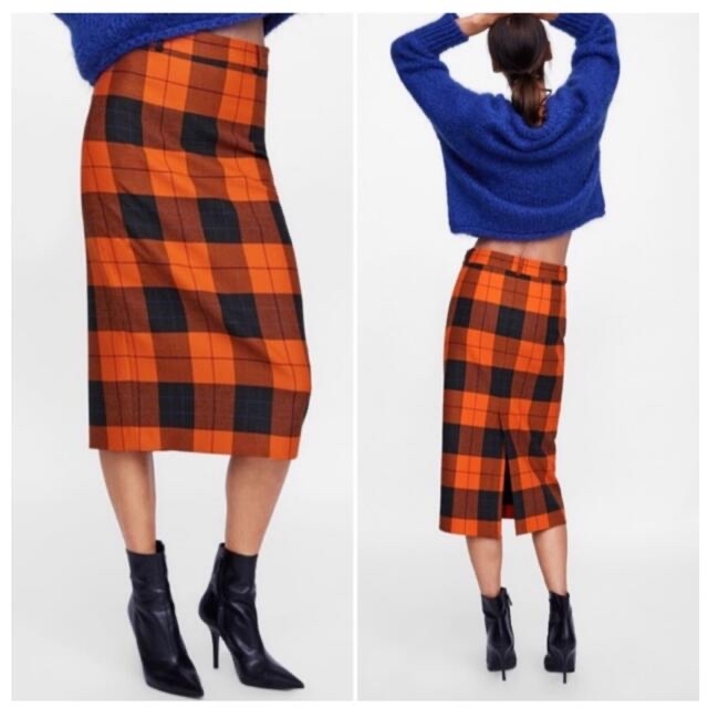 ZARA(ザラ)のzara ザラ　orange plaid skirt スカート レディースのスカート(ひざ丈スカート)の商品写真
