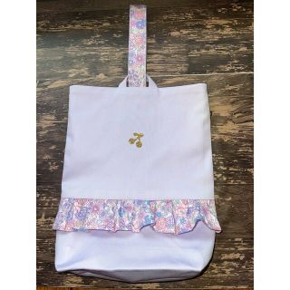 ハンドメイド　花柄リボンフリル付き上履き入れ(シューズバッグ)