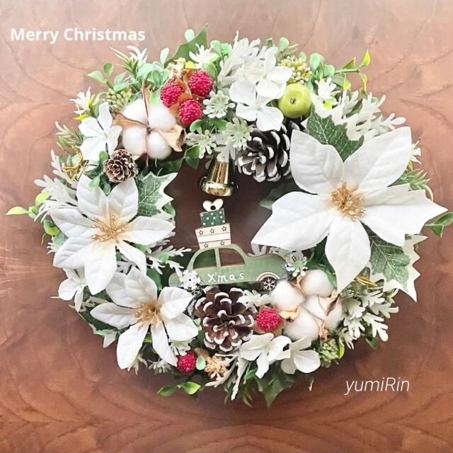 ホワイトローズ×木ノ実のクリスマスリース♡フラワーリース♡Xmasリース