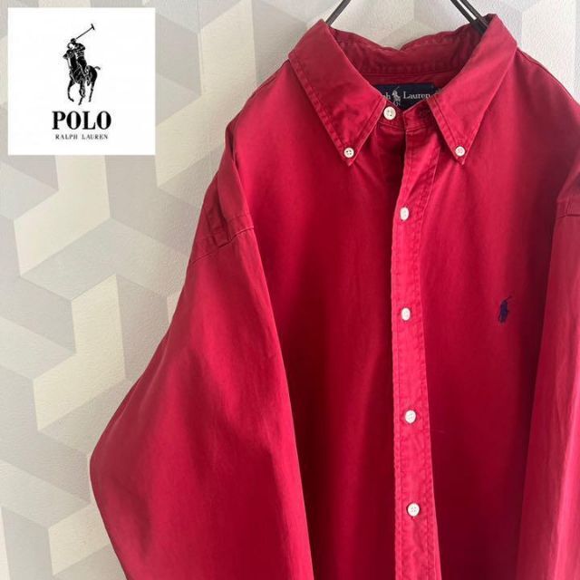 【90sラルフローレン】XLサイズ 地厚目 刺繍ロゴ オーバーサイズシャツ 赤