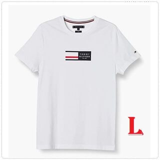 トミーヒルフィガー(TOMMY HILFIGER)のストライプフラッグのグラフィックロゴTシャツ　ホワイト　Lサイズ(Tシャツ/カットソー(半袖/袖なし))
