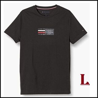 トミーヒルフィガー(TOMMY HILFIGER)のストライプフラッグのグラフィックロゴTシャツ　ブラック　Lサイズ(Tシャツ/カットソー(半袖/袖なし))