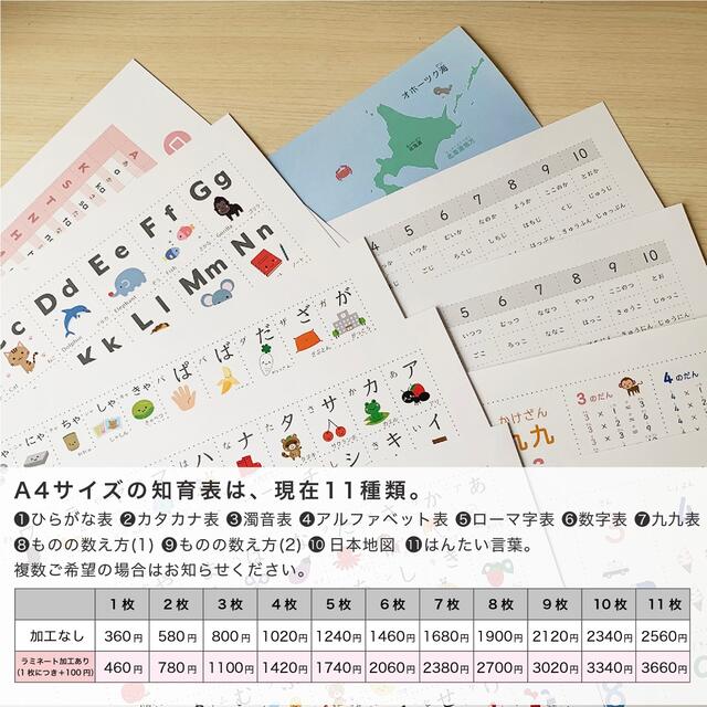 A4-濁音表、ひらがな表、ものの数え方1、2、反対のことば、、ラミネート加工】