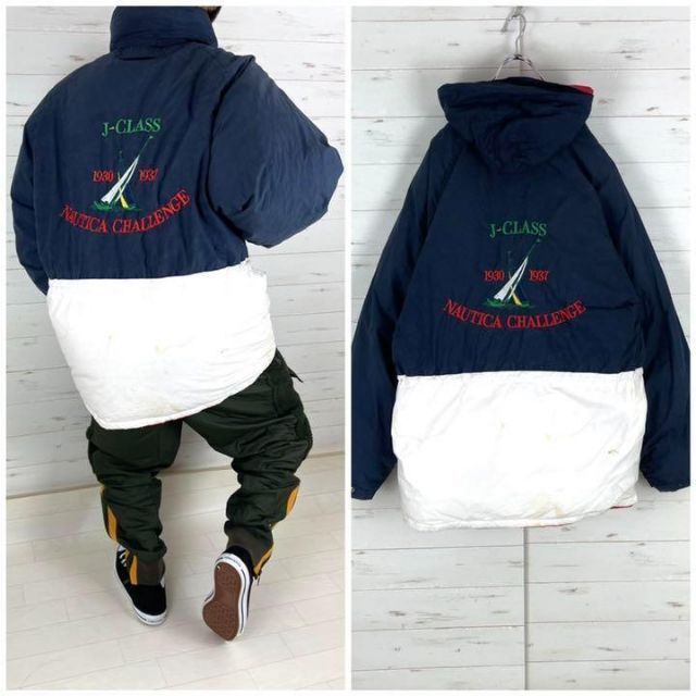 リバーシブル》Nautica ノーティカ ダウンジャケット L☆刺繍ロゴ 正規代理店商品 【美品】NAUTICA★リバーシブル★ビッグシルエット★刺繍ロゴダウンジャケット ダウンジャケット