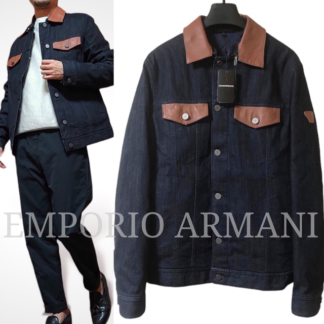 新品 EMPORIO ARMANI  本革レザー×デニム 中綿 ジャケット M