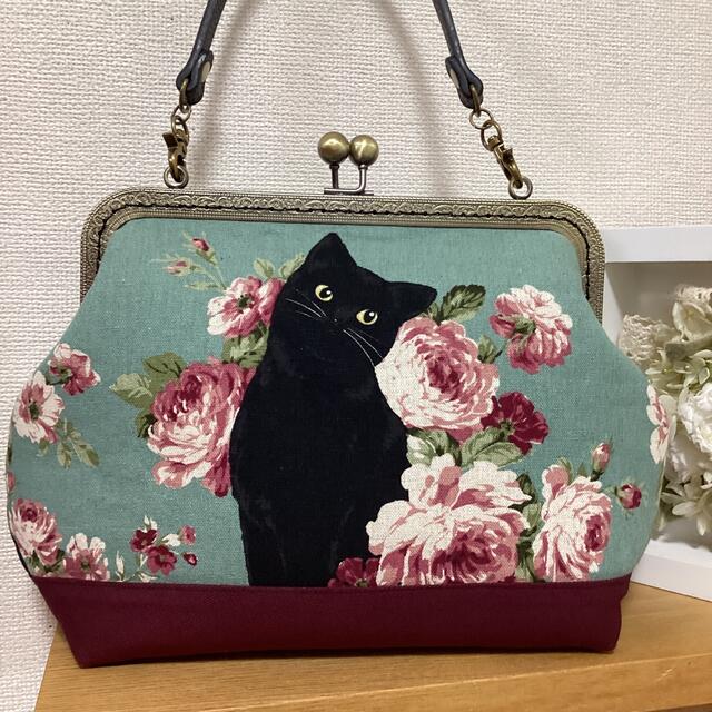 がま口バック 黒猫 薔薇 【あすつく】 がま口バッグ 黒猫 薔薇