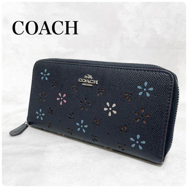 COACH コーチ パンチングフラワー ラウンドファスナー 長財布 ネイビー 紺-