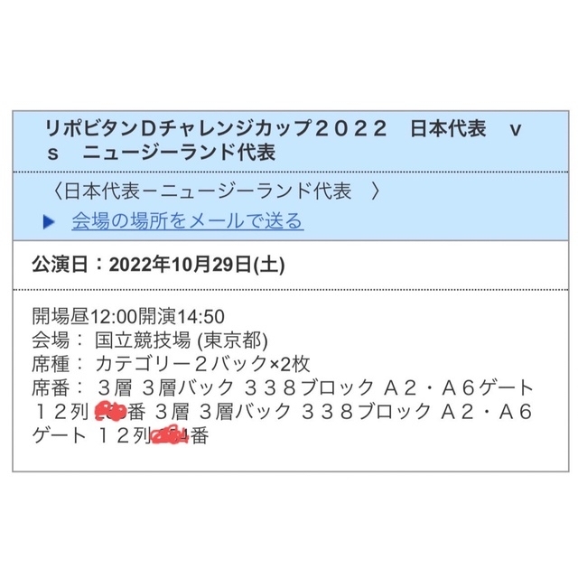 【連番２枚】ラグビー日本代表ＶＳニュージーランド代表（オールブラックス）チケット スポーツ/アウトドアのスポーツ/アウトドア その他(ラグビー)の商品写真