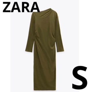 ザラ(ZARA)のZARA プリーツ ウール ブレンド ロングワンピース カーキ　S M(ロングワンピース/マキシワンピース)