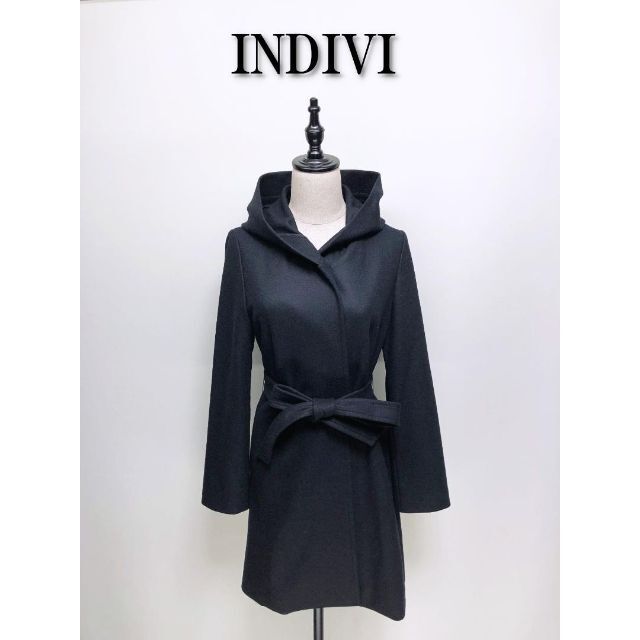 547 INDIVI インディヴィ ウール フード付き コート 黒ブラック