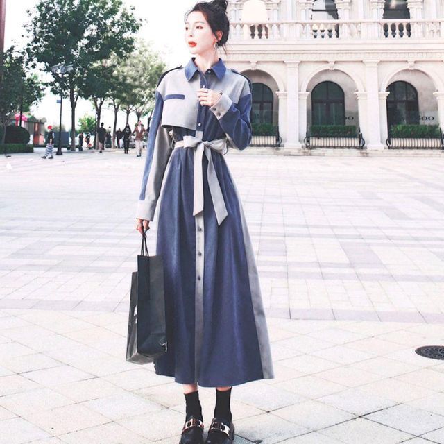 ♐シャツワンピース ロング■ブルー　韓国ファッション 長袖 ミモレ丈 ワンピース 1