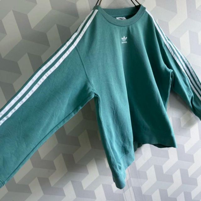 【アディダス】3XLサイズ刺繍センターロゴ スウェットトレーナー緑adidas
