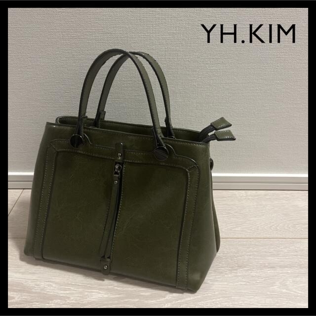 【格安】YH.KIM ワイエイチキム 本革 レザー ハンドバッグ カーキ