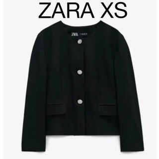 ザラ(ZARA)のZARA ザラ ビジューボタンノーカラージャケット ブレザー ブラック XS(ノーカラージャケット)