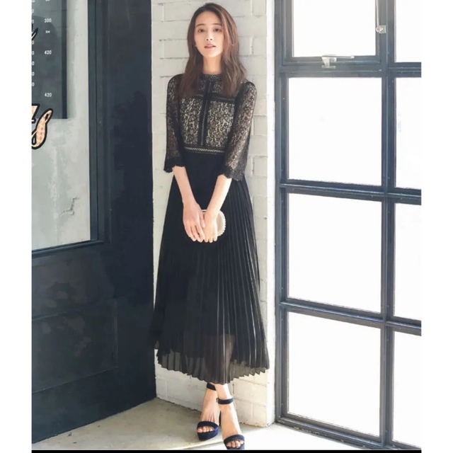 GIRLレース×オーガンジープリーツロング丈フレア結婚式ワンピース
