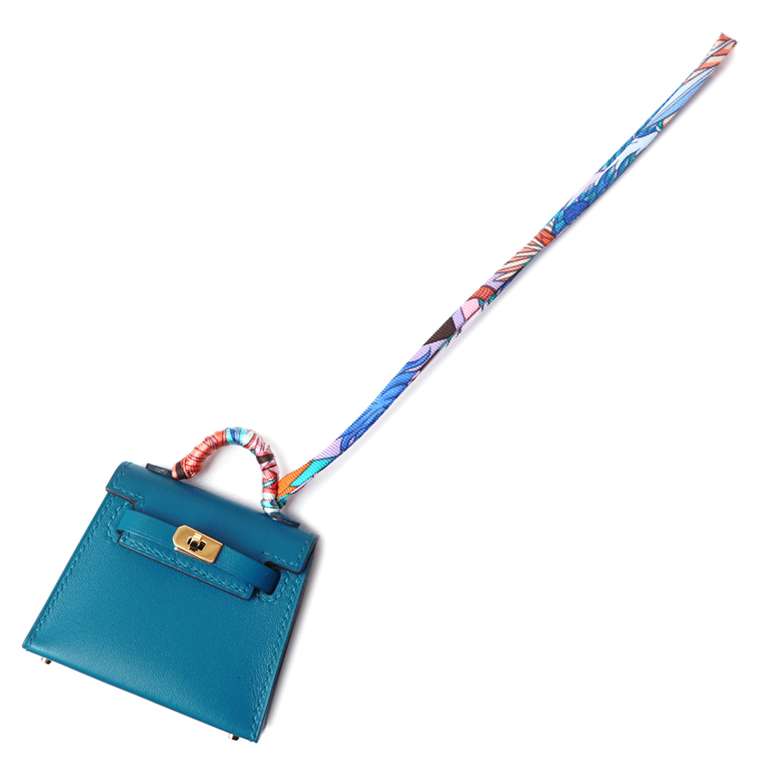 【オープニングセール】 Hermes HERMES(新品・未使用品) 箱付 ゴールド金具 Y刻印 青 ブルーイズミール シルク レザー タデラクト ヴォー チャーム バッグ ツイリー ケリー マイクロ エルメス - チャーム
