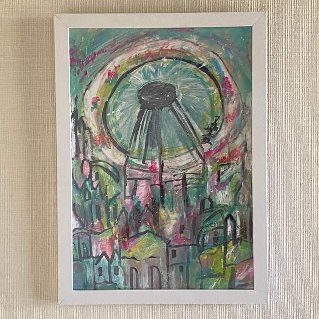 絵画 。壁掛け絵原画【美しい月の光と流星雨の中で願い事をする少女と
