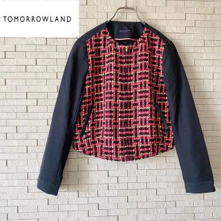 トゥモローランド(TOMORROWLAND)のトゥモローランド　ノーカラージャケット　ツイード　ブルゾン　ネイビー×赤　シルク(ノーカラージャケット)