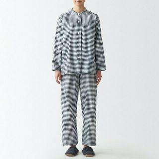 ムジルシリョウヒン(MUJI (無印良品))の無印良品 脇に縫い目のない二重ガーゼスタンドカラーパジャマ／Ｌ／ネイビーチェック(パジャマ)