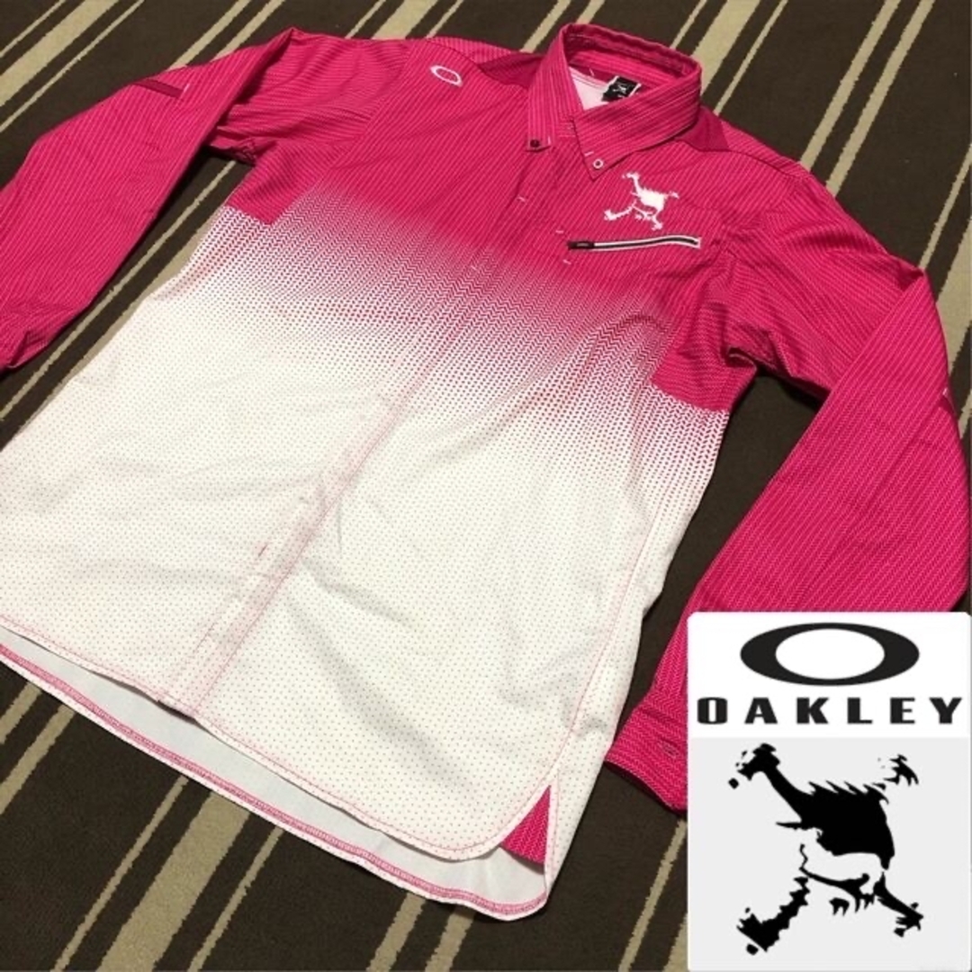 Oakley 新品 オークリー スカル ストレッチ長袖シャツ 胸ポケット付 ピンク×白 XL