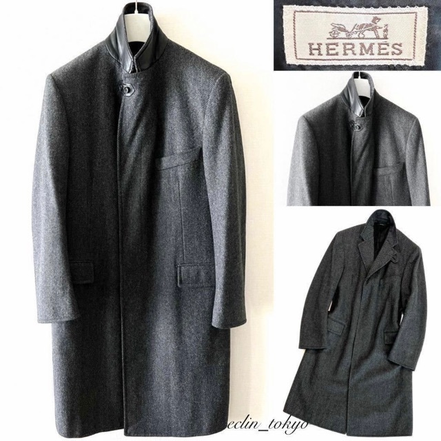 HERMES - 新品未使用 HERMES 《ヘリンボーン》 襟レザー ロングコート E3633