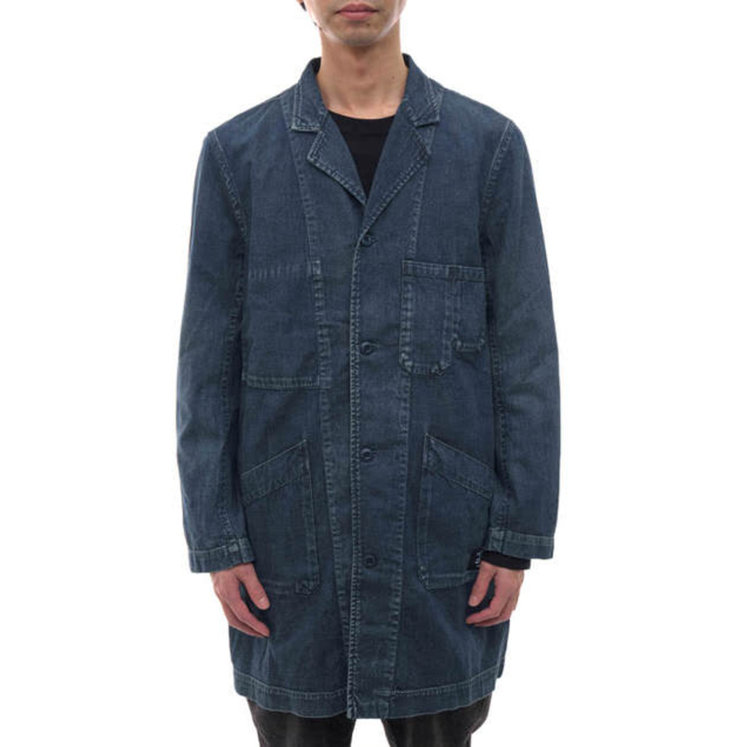 uniform experiment(ユニフォームエクスペリメント)のユニフォームエクスペリメント／uniform experiment ステンカラーコート ジャケット JKT アウター メンズ 男性 男性用コットン 綿 キャンバス ブルー 青  UE-192042 DAMAGED SHOP COAT ショップコート デニム ウォッシュ加工 メンズのジャケット/アウター(ダッフルコート)の商品写真