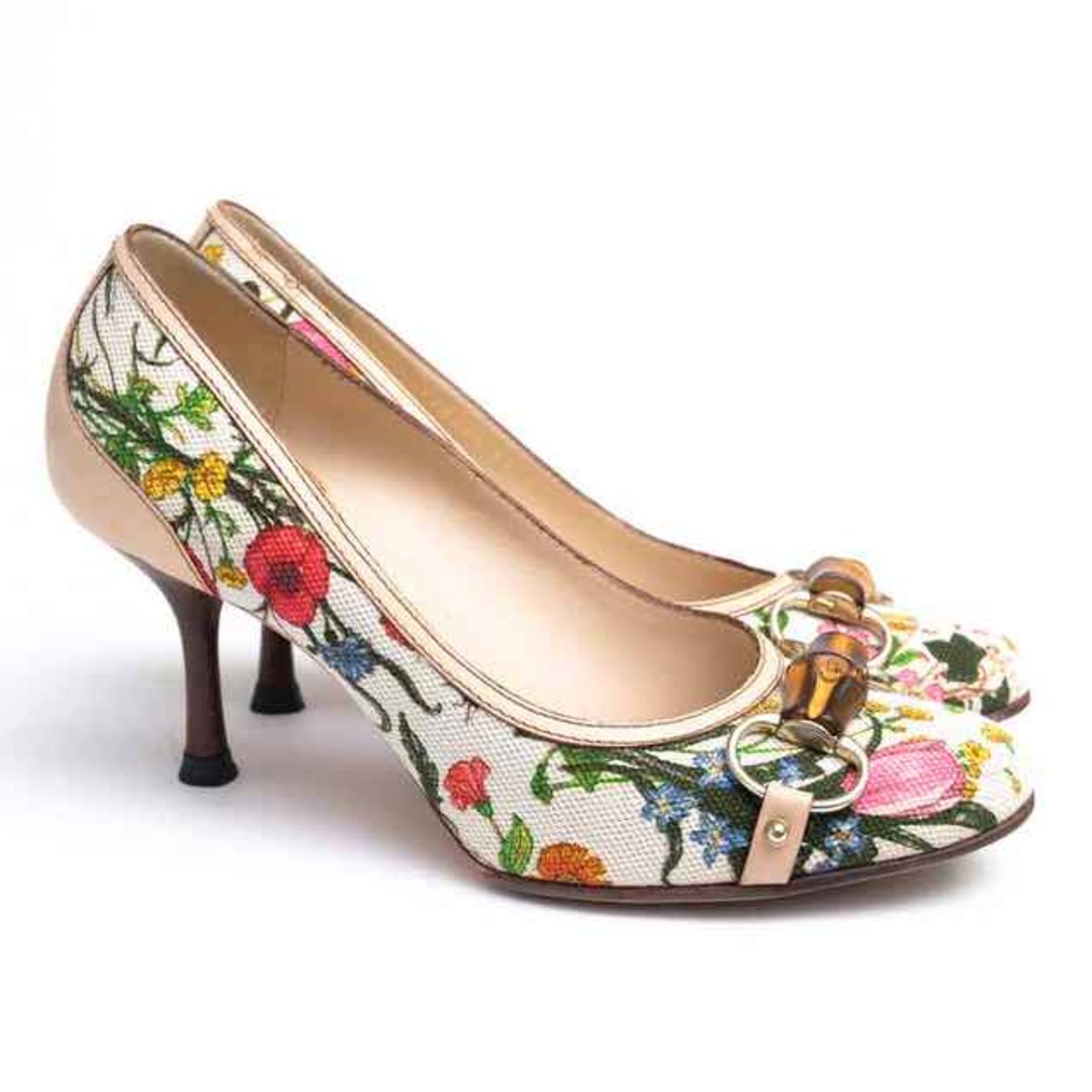 グッチ/GUCCI パンプス シューズ 靴 レディース 女性 女性用コットン 綿 キャンバス レザー 革 オフホワイト 白 ホワイト 138711 フローラル 花柄 バンブー